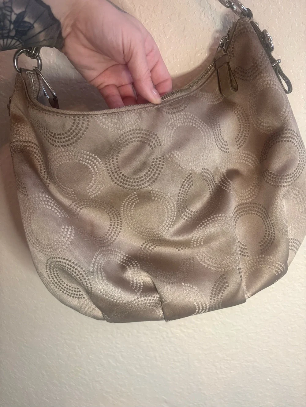 Coach Logo Metallic Taupe Hobo Shoulder Bag